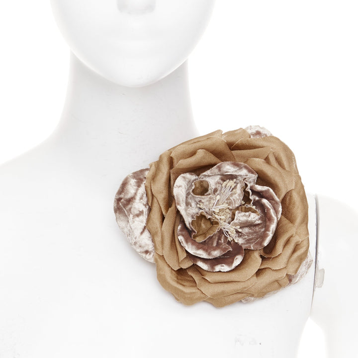 rare SAINT LAURENT 2022 X Large Wild Rose gold crushed velvet silk pin brooch