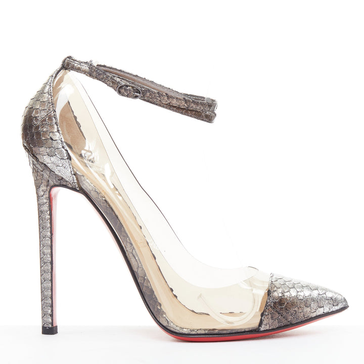 CHRISTIAN LOUBOUTIN Un Bout 120 metallic lame silver watersnake PVC pumps EU37.5