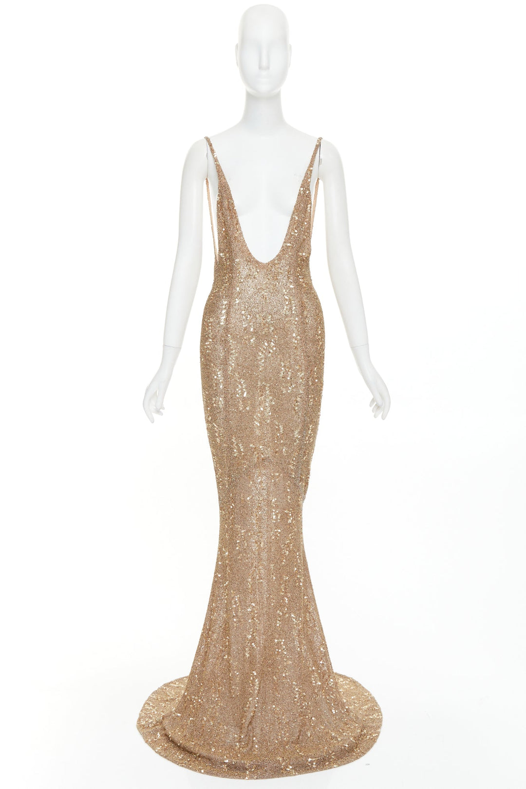 rare ALEXANDRE VAUTHIER COUTURE gold bead sequin embellished plunge evening