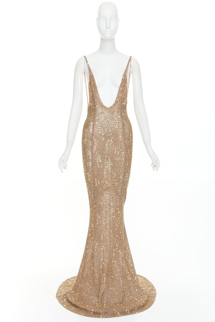 rare ALEXANDRE VAUTHIER COUTURE gold bead sequin embellished plunge evening