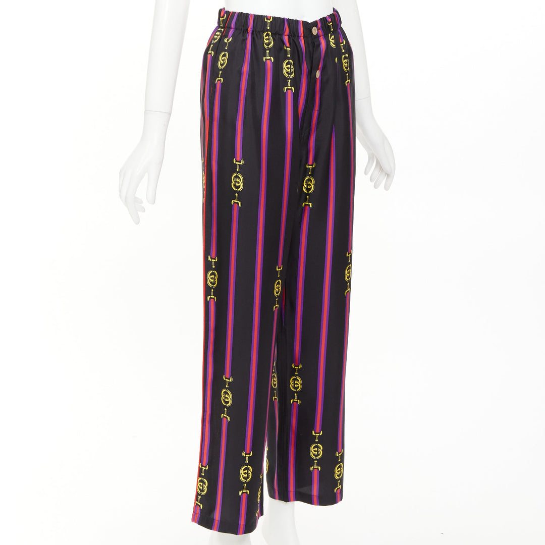GUCCI Garden 100% silk black purple yellow equestrian GG buckle pajama pants XS