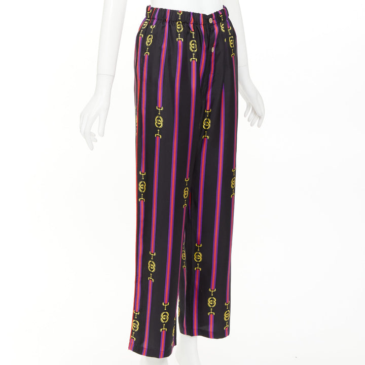 GUCCI Garden 100% silk black purple yellow equestrian GG buckle pajama pants XS