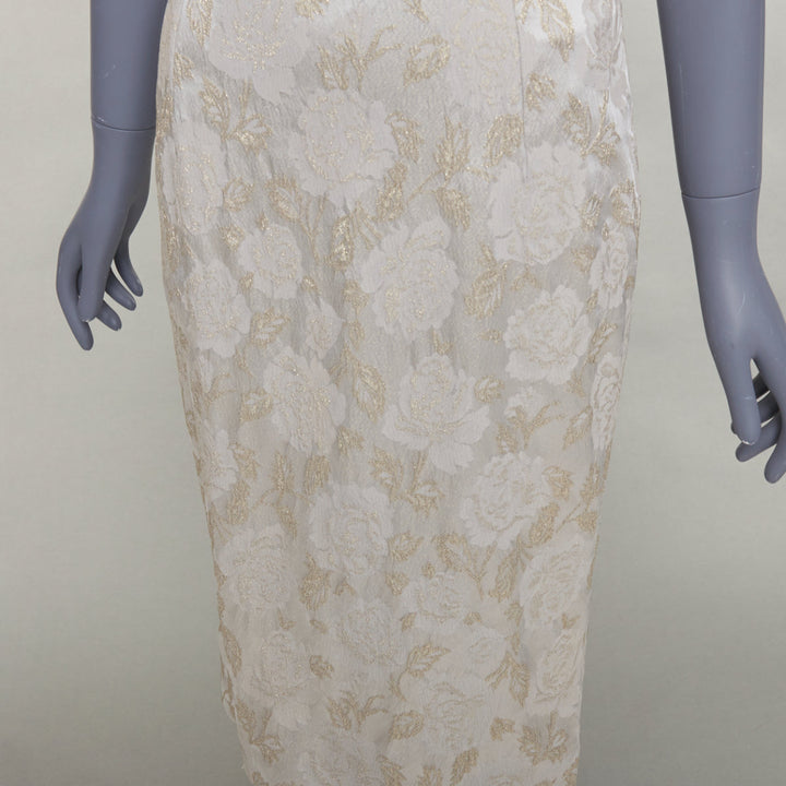 DOLCE GABBANA grey gold floral lurex jacquard bateau neck sheath dress IT42 M