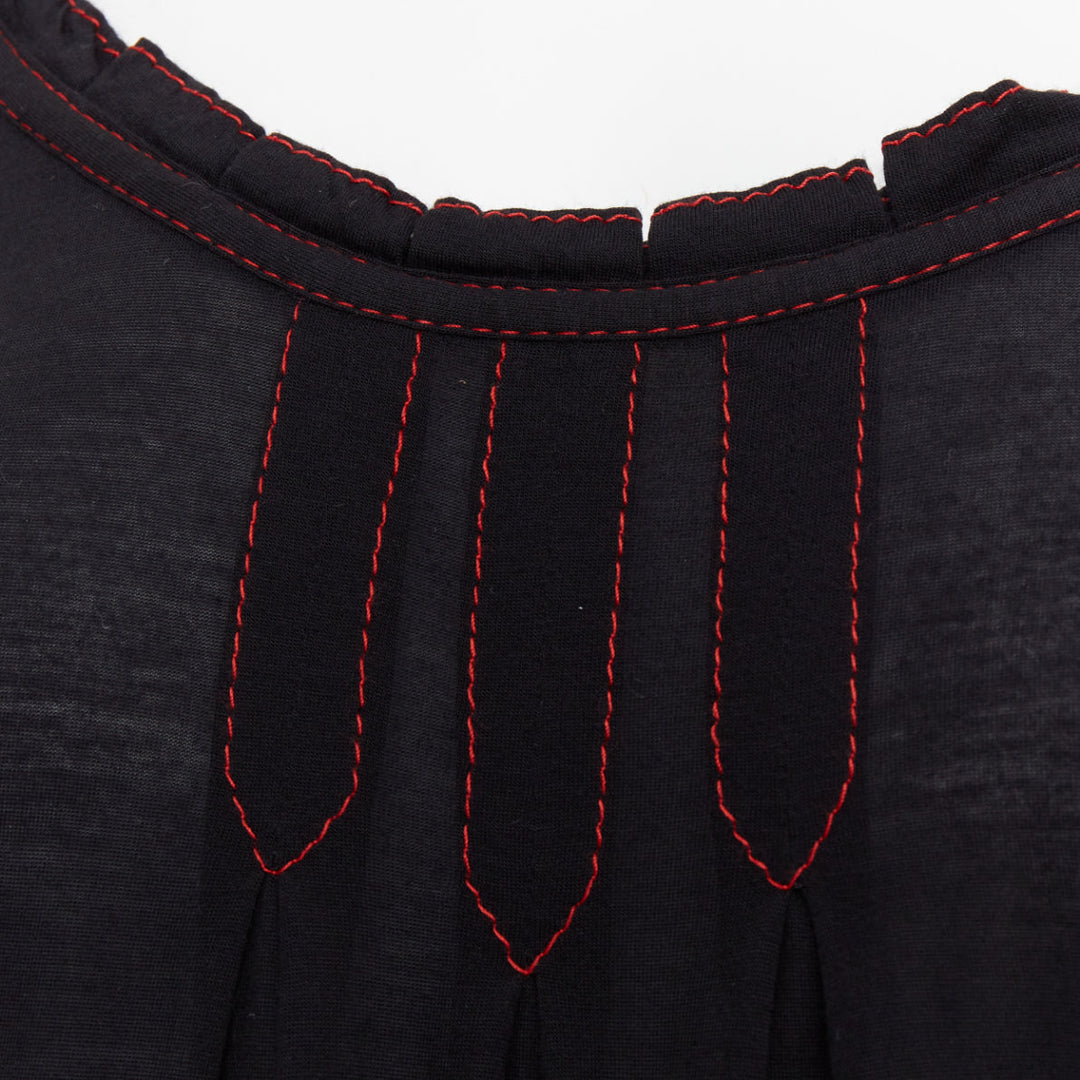 GUCCI 2006 Vintage black red overstitch nylon modal scoop neck plisse top M