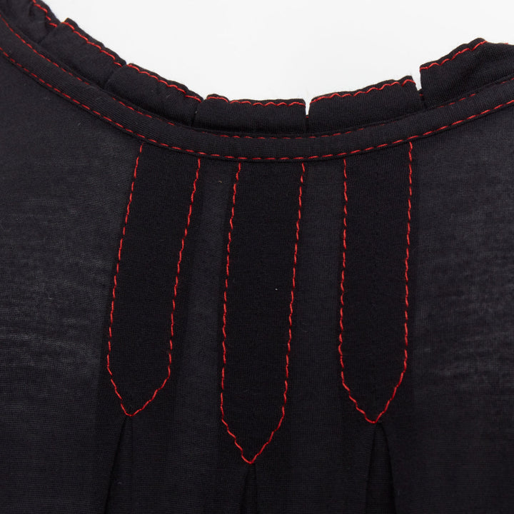 GUCCI 2006 Vintage black red overstitch nylon modal scoop neck plisse top M
