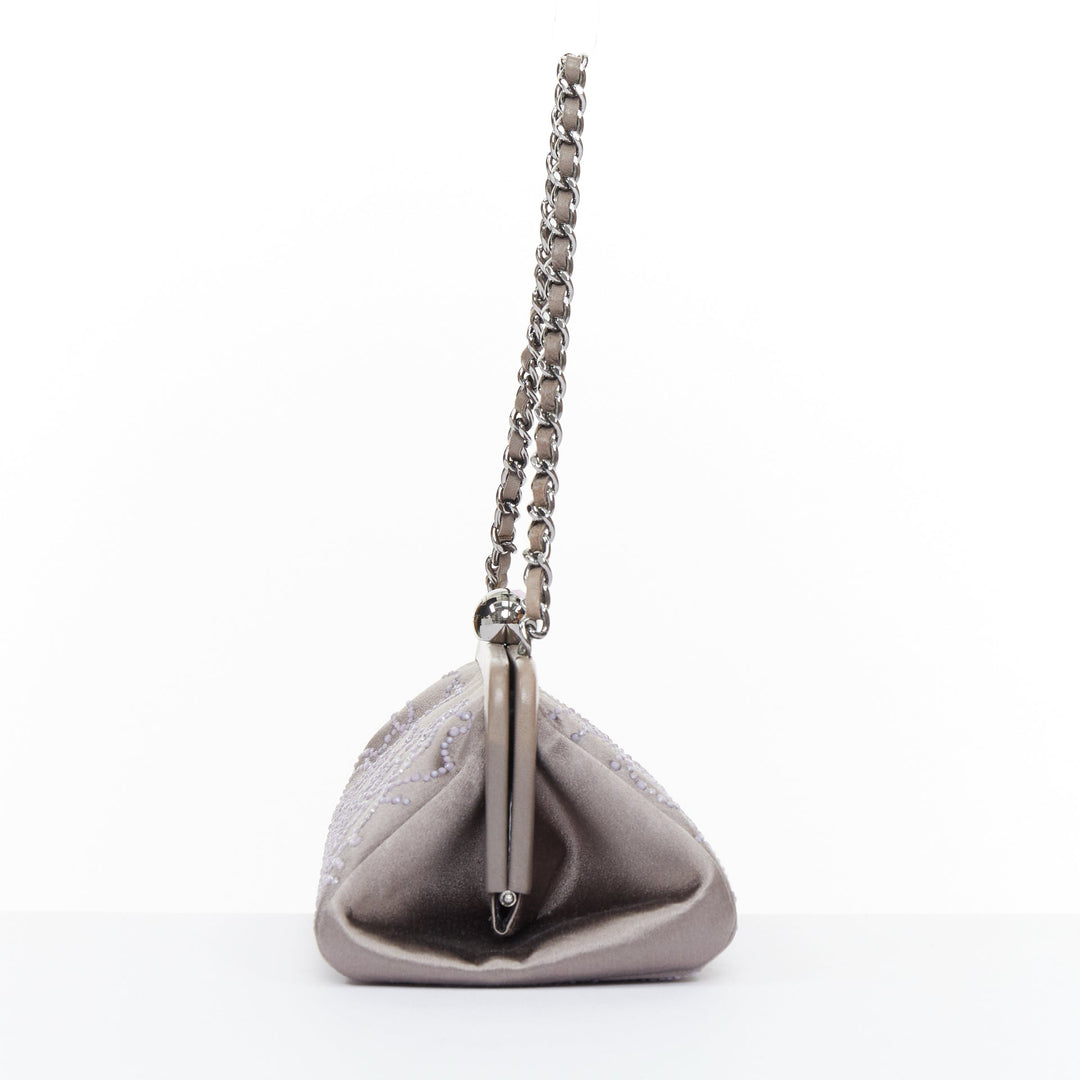 CHANEL 2000 pink pearl beaded grey satin crystal CC kiss lock frame clutch bag