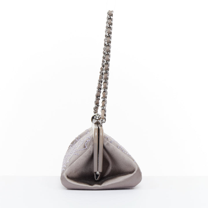 CHANEL 2000 pink pearl beaded grey satin crystal CC kiss lock frame clutch bag