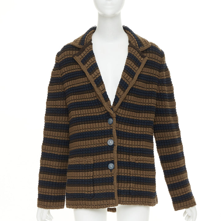 CHANEL striped textured knit brown navy wool cotton jacket FR36 S
