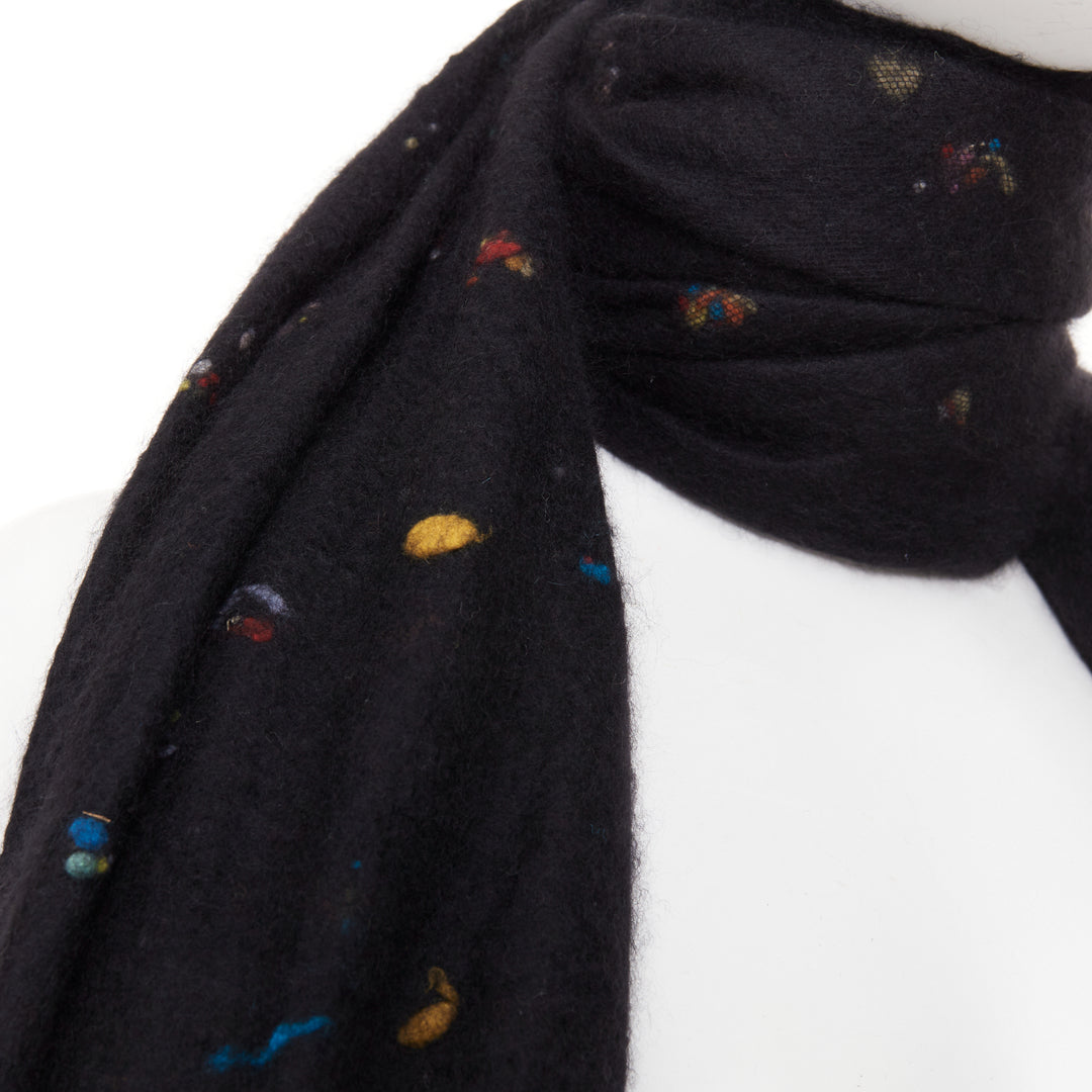 CHANEL 2024 black confetti speckle cashmere wool silk CC embroidered logo scarf