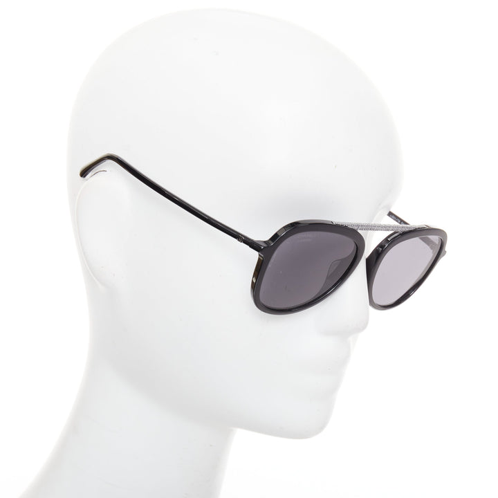 CHANEL 5381A black acetate silver brow bar aviator pilot sunglasses