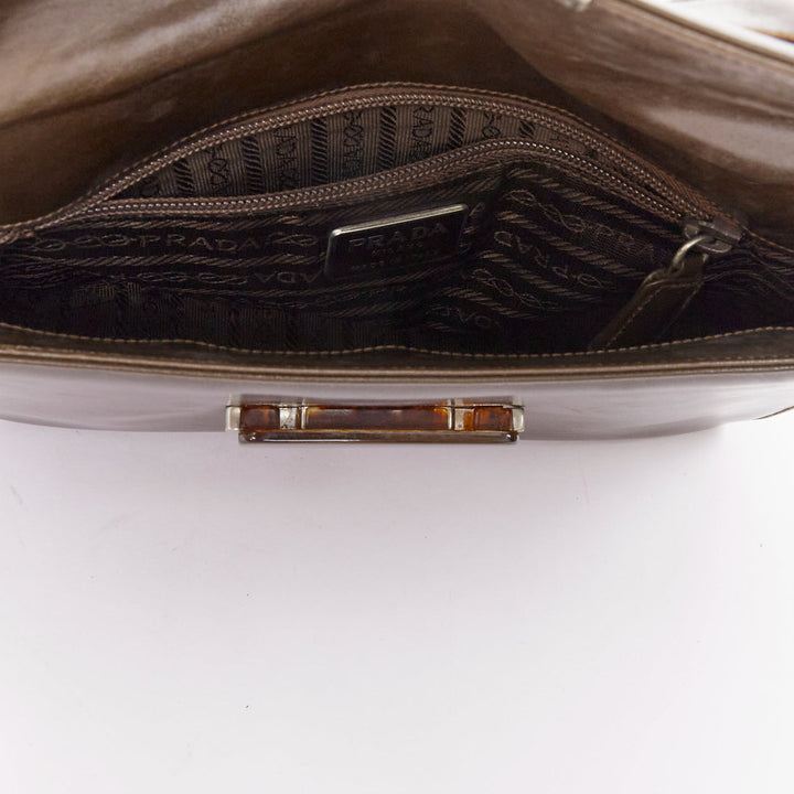 PRADA Vintage dark brown leather acrylic logo buckle flap bag