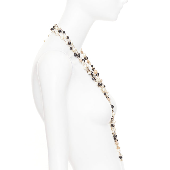 CHANEL B14C Coco Mademoiselle Figure black beige pearl triple sautoir necklace