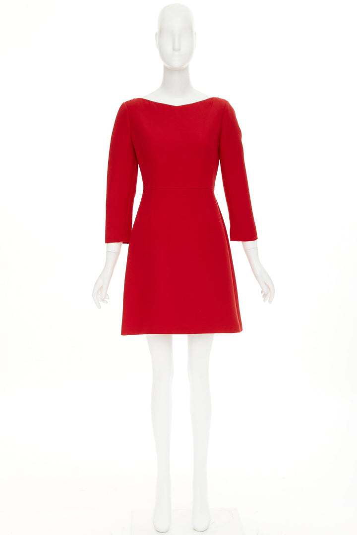 VALENTINO wide V neck structured red wool silk A-line dress IT40 S