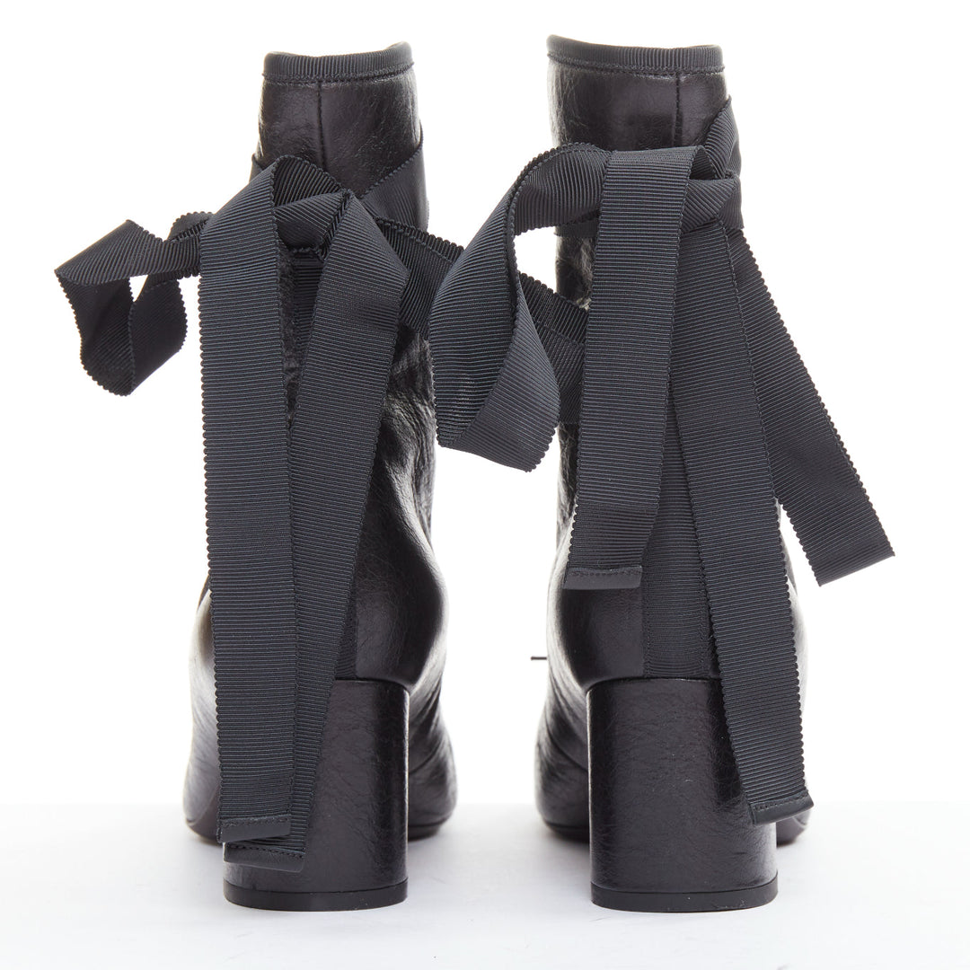 VALENTINO 2016 Runway black crinkled leather ribbon lace ballet booties EU37.5