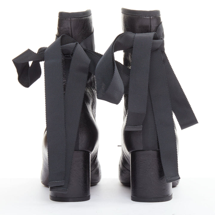 VALENTINO 2016 Runway black crinkled leather ribbon lace ballet booties EU37.5
