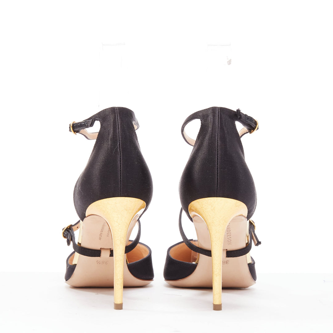 RUPERT SANDERSON Arletta black satin gold buckle heels pumps EU35.5