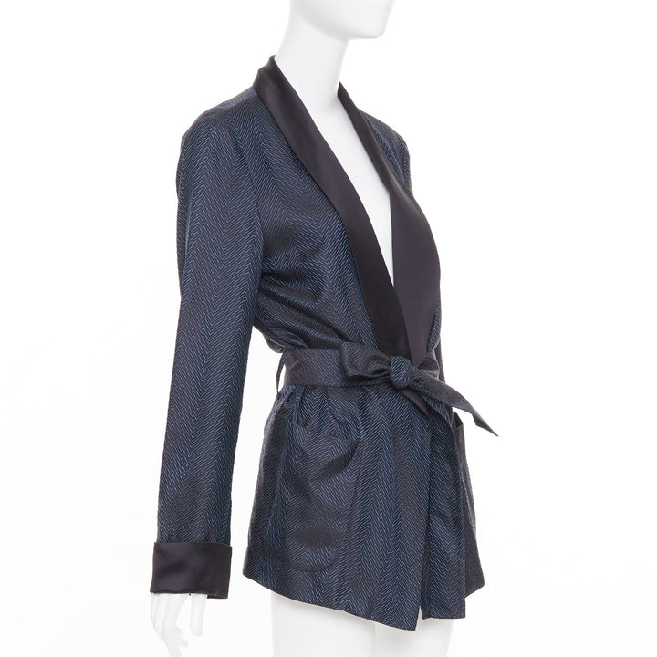 LA PERLA navy blue textured chevron jacquard silk shawl lapel smoking jacket