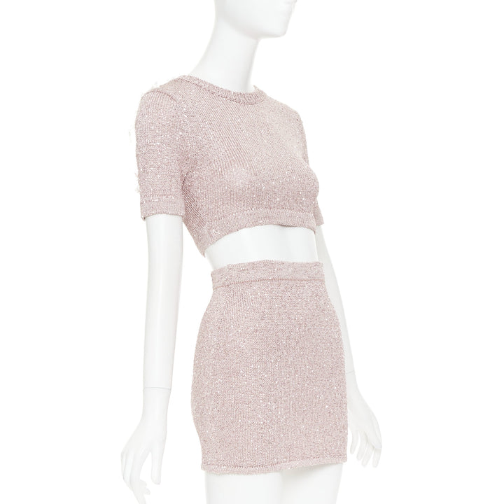 ALEXANDRE VAUTHIER Rose light pink sequin metallic lurex crop sweater mini skirt