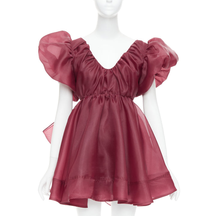 AJE Greta maroon burgundy organza puff sleeve mini dress UK6 XS