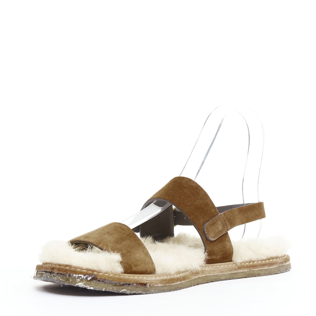 SAINT LAURENT Joan Noe tan leather cream shearling lined sandals EU38