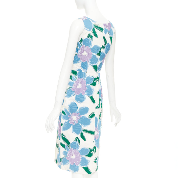 PRADA 2016 cream blue green silk overstitch patchwork floral bow dress IT38 XS