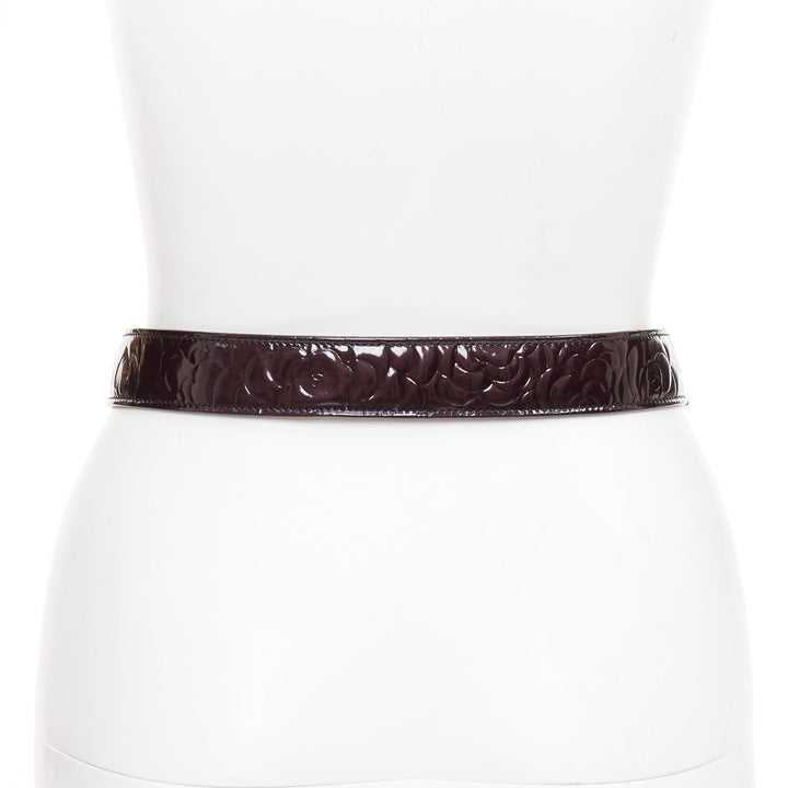 CHANEL black patent leather matte gold-tone CC buckle camellia belt 95cm