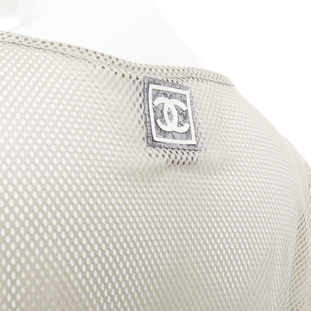 CHANEL SPORTS 03P Vintage grey sheer mesh silver CC logo split neck top FR40 L