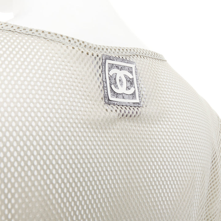 CHANEL SPORTS 03P Vintage grey sheer mesh silver CC logo split neck top FR40 L