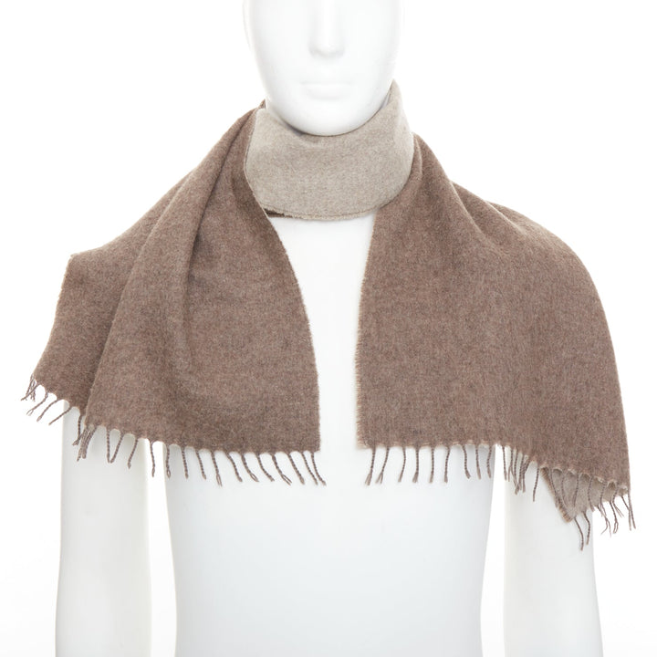 HERMES taupe brown cashmere wool reversible fringed long scarf