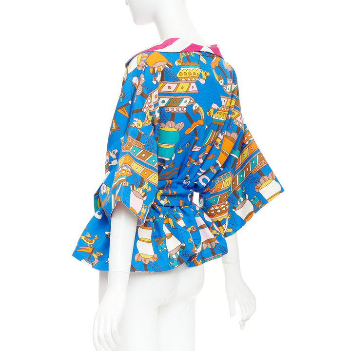 RIANNA + NINA Greek blue cotton cartoon print striped belted Kimono blouse M