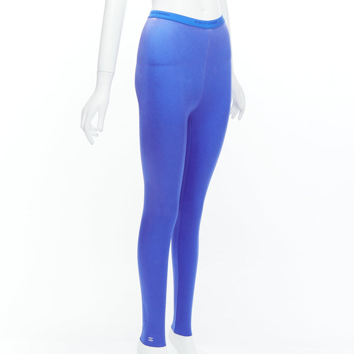 CHANEL cobalt blue crystal CC logo coco waistband leggings FR34 XS