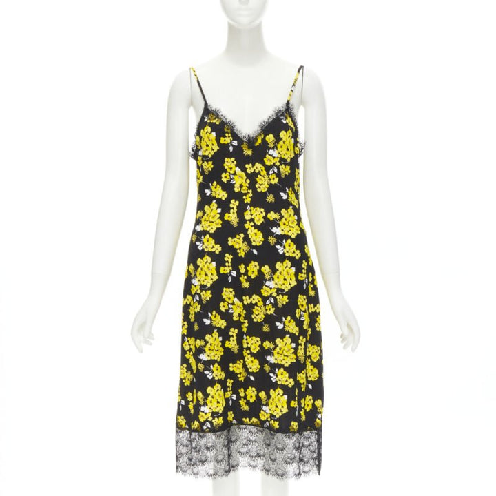 MICHAEL MICHAEL KORS black yellow floral print lace trimmed summer dress M