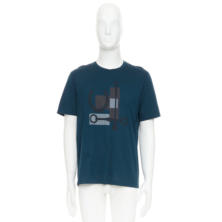 HERMES dark teal blue horse bit print cotton crew neck tshirt