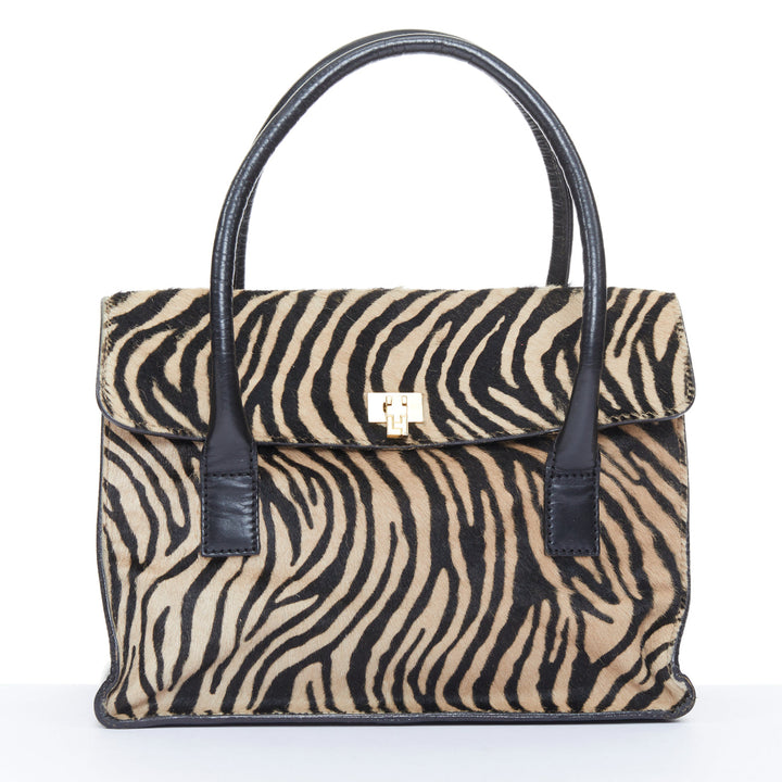 LAMBERTSON TRUEX 2004 zebra print calf hair black leather flap top handle bag