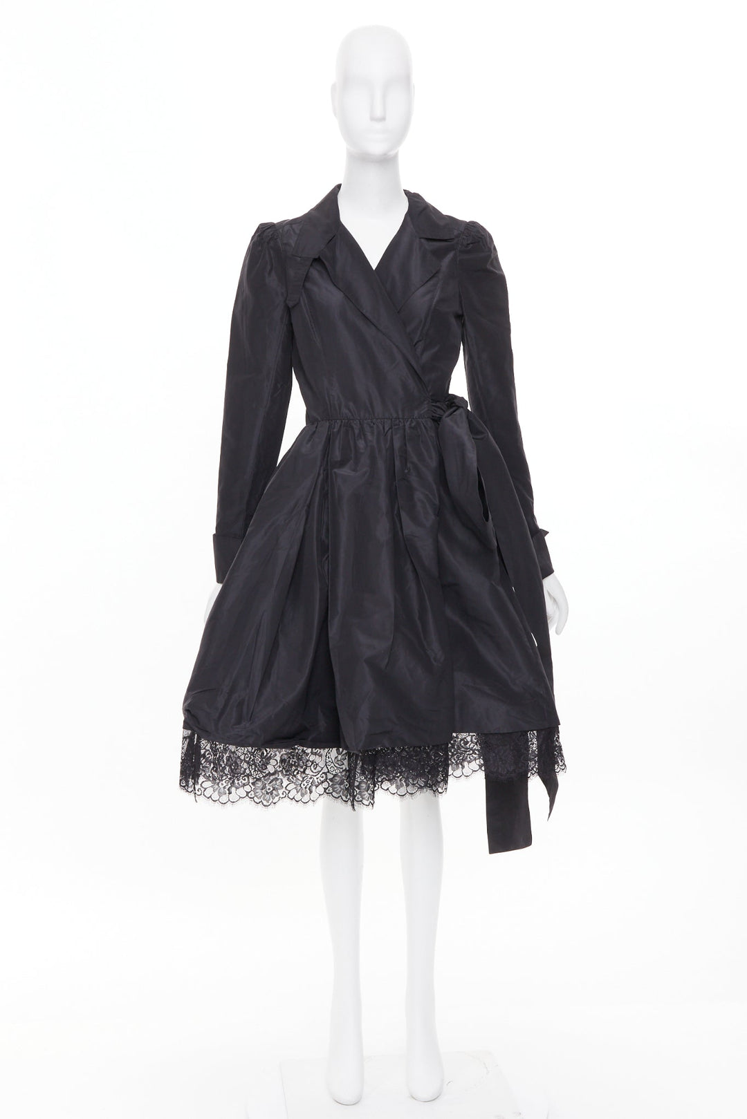 DIANE VON FURSTENBERG black scalloped lace hem silk taffeta wrap dress US8 L