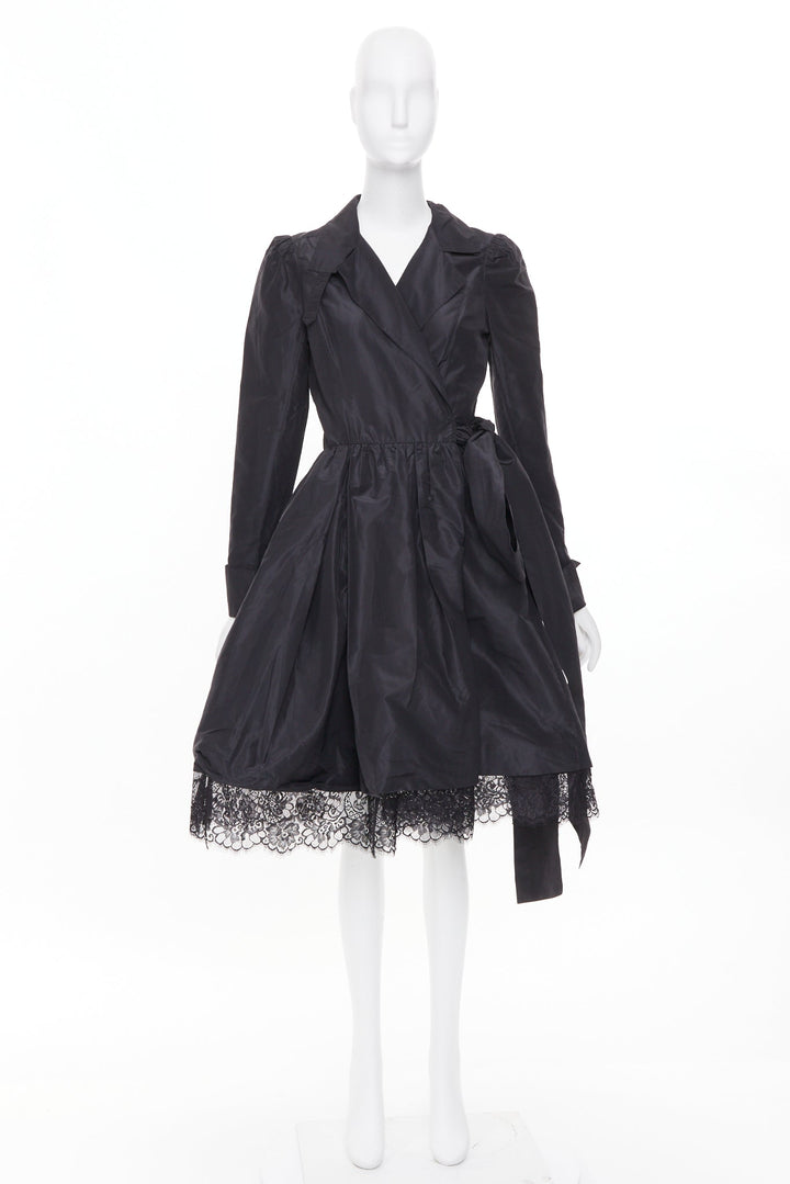 DIANE VON FURSTENBERG black scalloped lace hem silk taffeta wrap dress US8 L