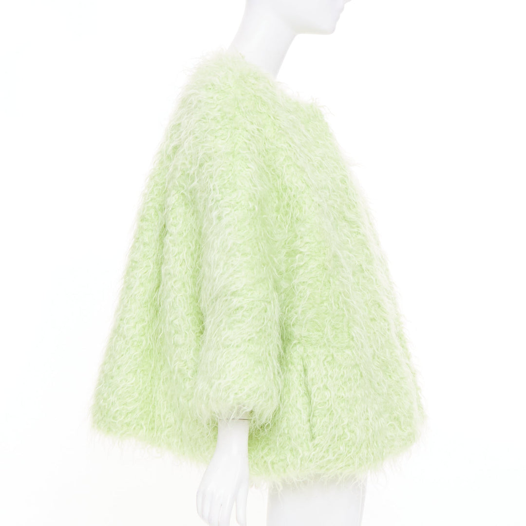 DRIES VAN NOTEN light green fuzzy mohair wool collarless loose open knit coat S
