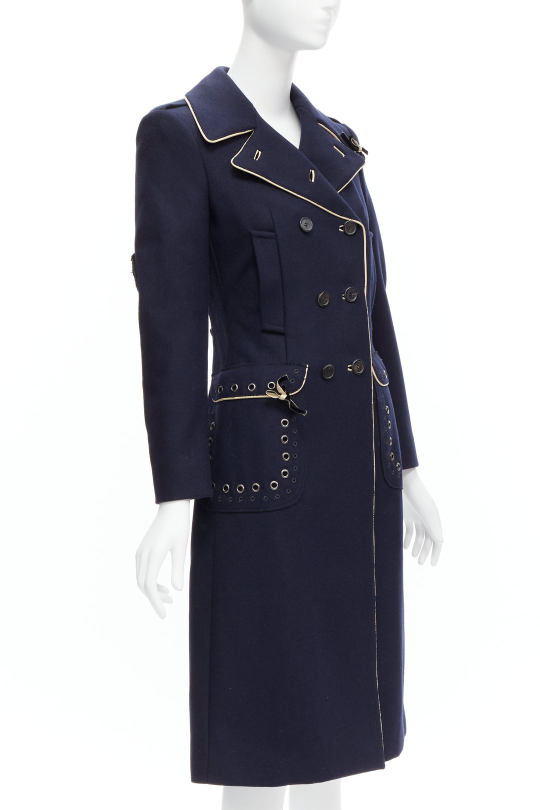 rare PRADA 2004 Runway navy wool grommet leather longline officer coat IT36 XXS
