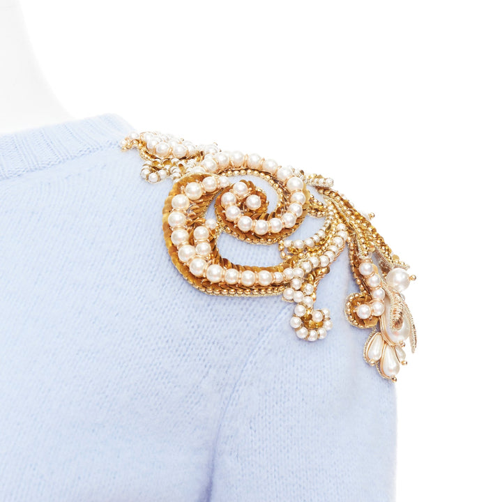 BALMAIN powder blue wool cashmere gold pearl embellished sweater FR36 S