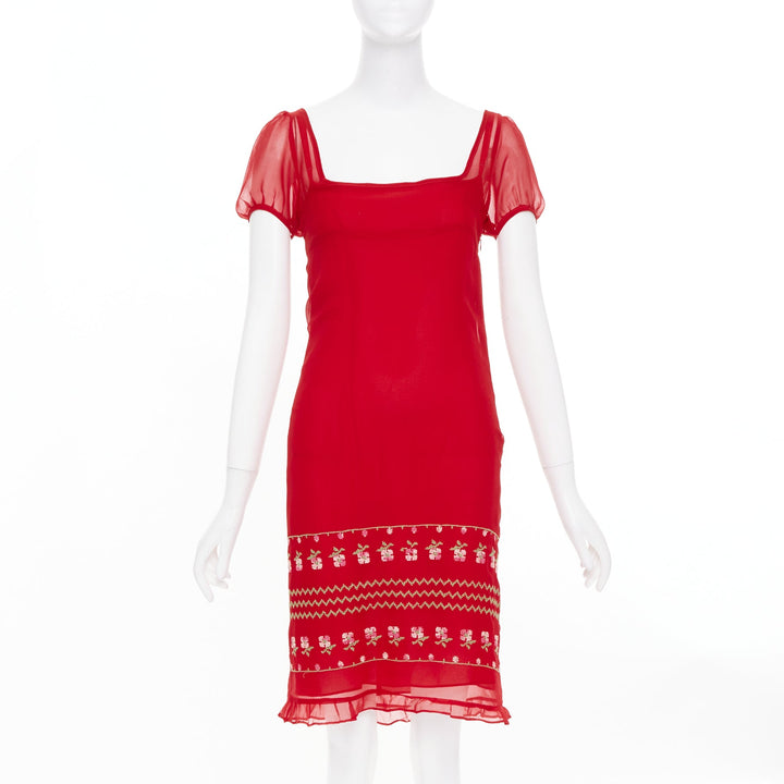 JILL STUART red sheer silk embroidered puff sleeve square neck mini dress US2 S