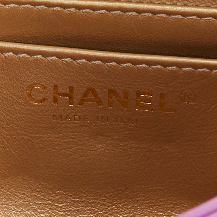 CHANEL Pearl Crush Mini Square Flap purple lambskin age gold globe crossbody bag