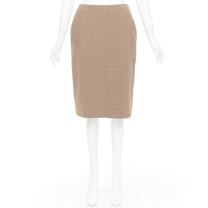PRADA Vintage brown micro houndstooth checked high waist pencil skirt IT42 M