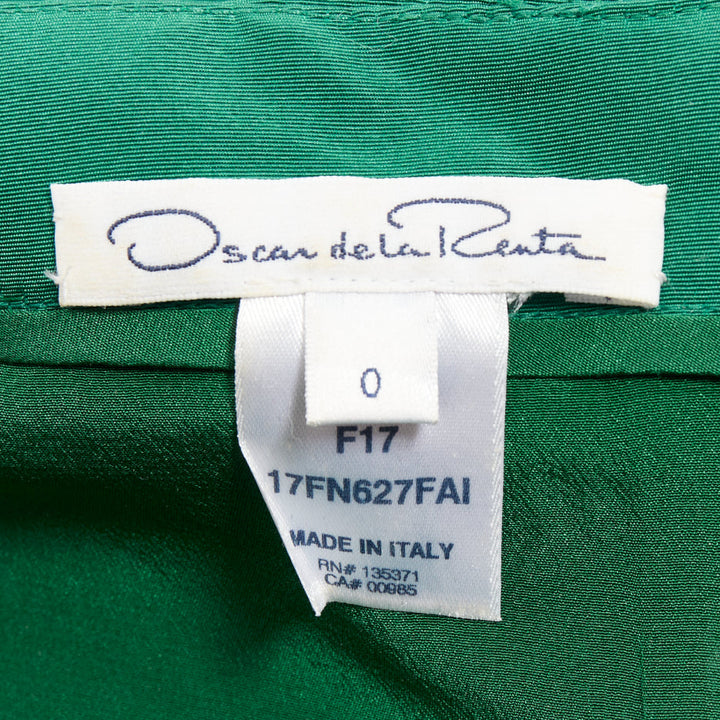 OSCAR DE LA RENTA F17 kelly green  silk taffeta bateau neck belted dress US0 XS