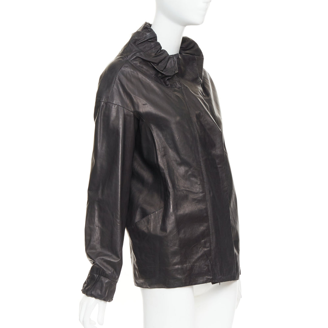 MARNI black lamb leather gathered collar zip up oversized jacket IT42 M