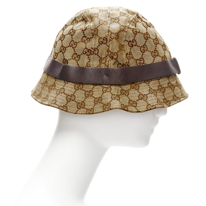 GUCCI Vintage brown GG monogram leather trim bucket hat L