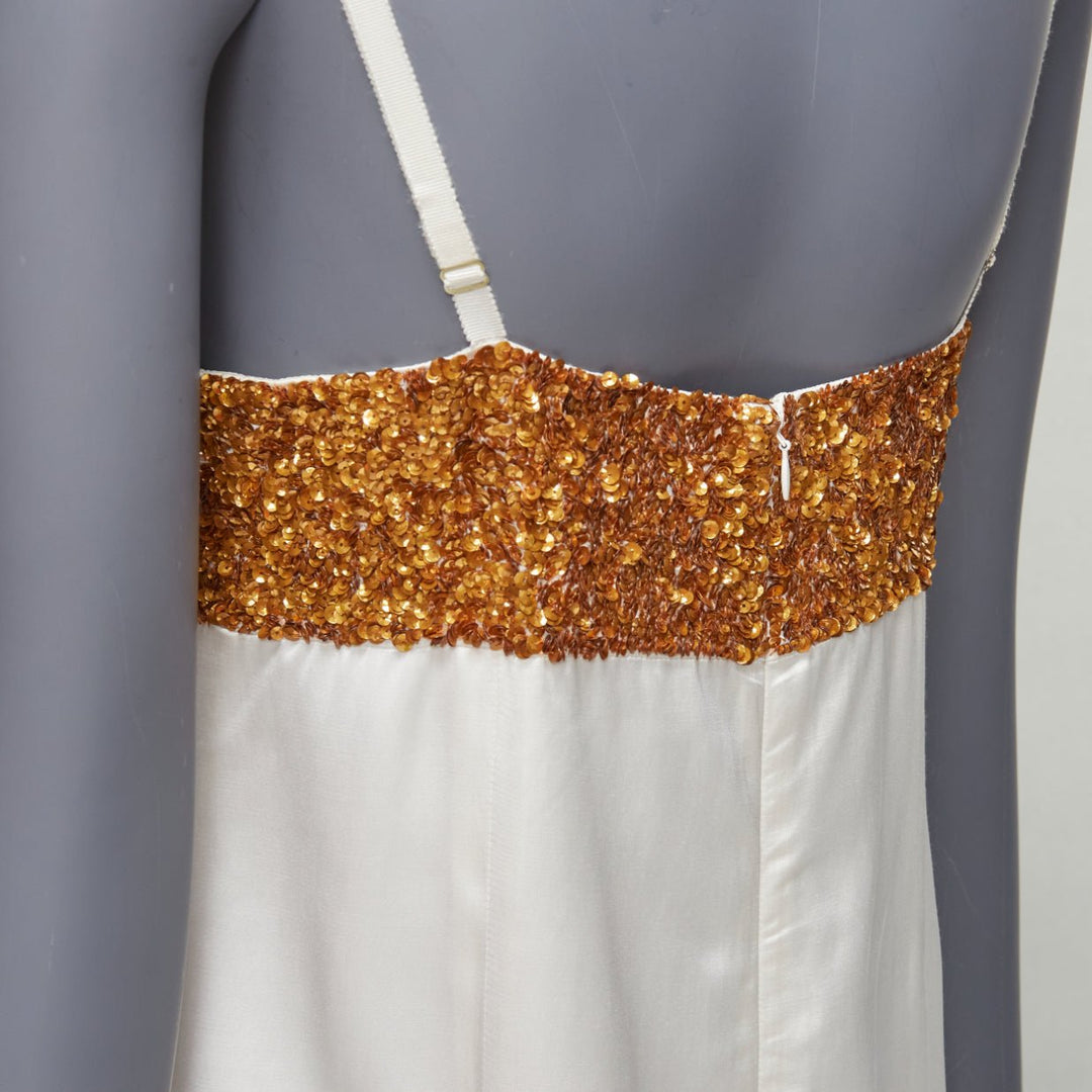 DRIES VAN NOTEN Runway gold sequins bust white satin strappy slip dress FR36 S