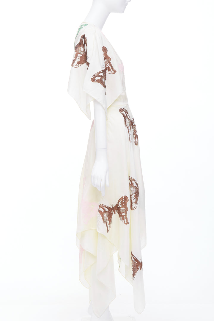 JESSE KAMM cream silk pink brown butterfly print flare wrap dress S