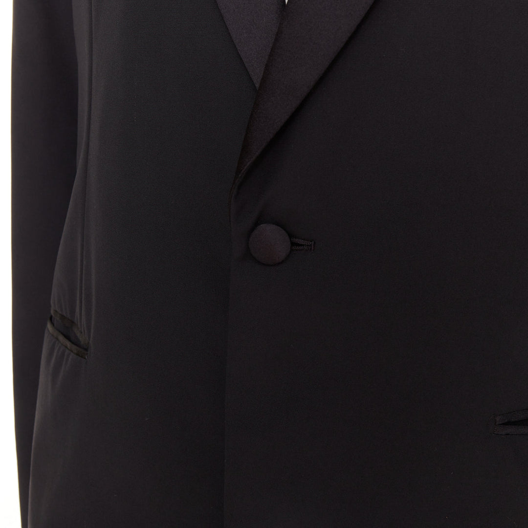 HERMES black wool blend satin peak lapel logo silk lined tuxedo blazer EU50 L