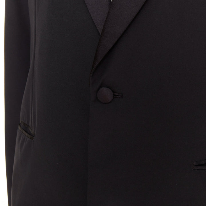 HERMES black wool blend satin peak lapel logo silk lined tuxedo blazer EU50 L
