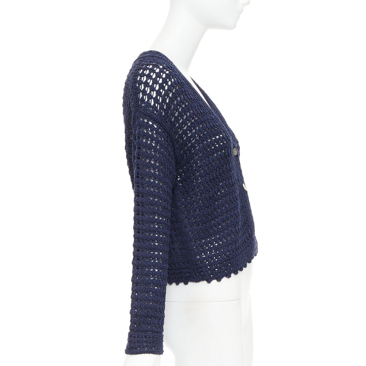 VINCE navy organic cotton crochet open knit scalloped cropped cardigan S
